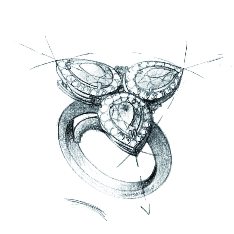 Dessin préparatoire d'une bague de joaillerie réalisé à la main à l'atelier