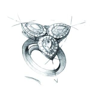 Dessin préparatoire d'une bague de joaillerie réalisé à la main à l'atelier